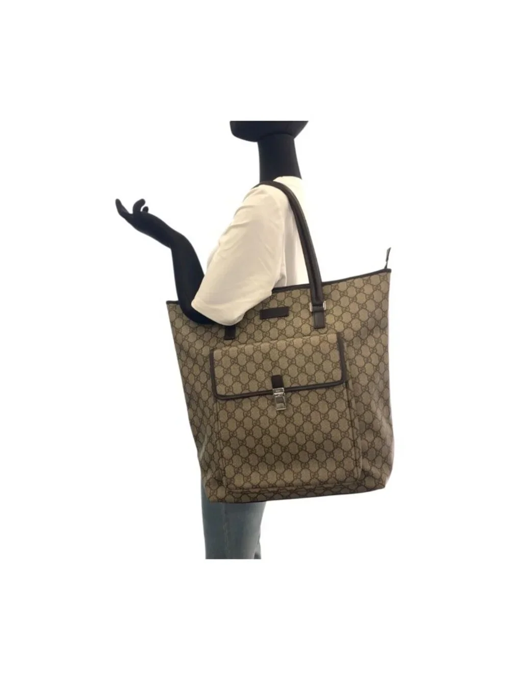 Gucci Beige Brown Silver GG Supreme Canvas Tote Shoulder